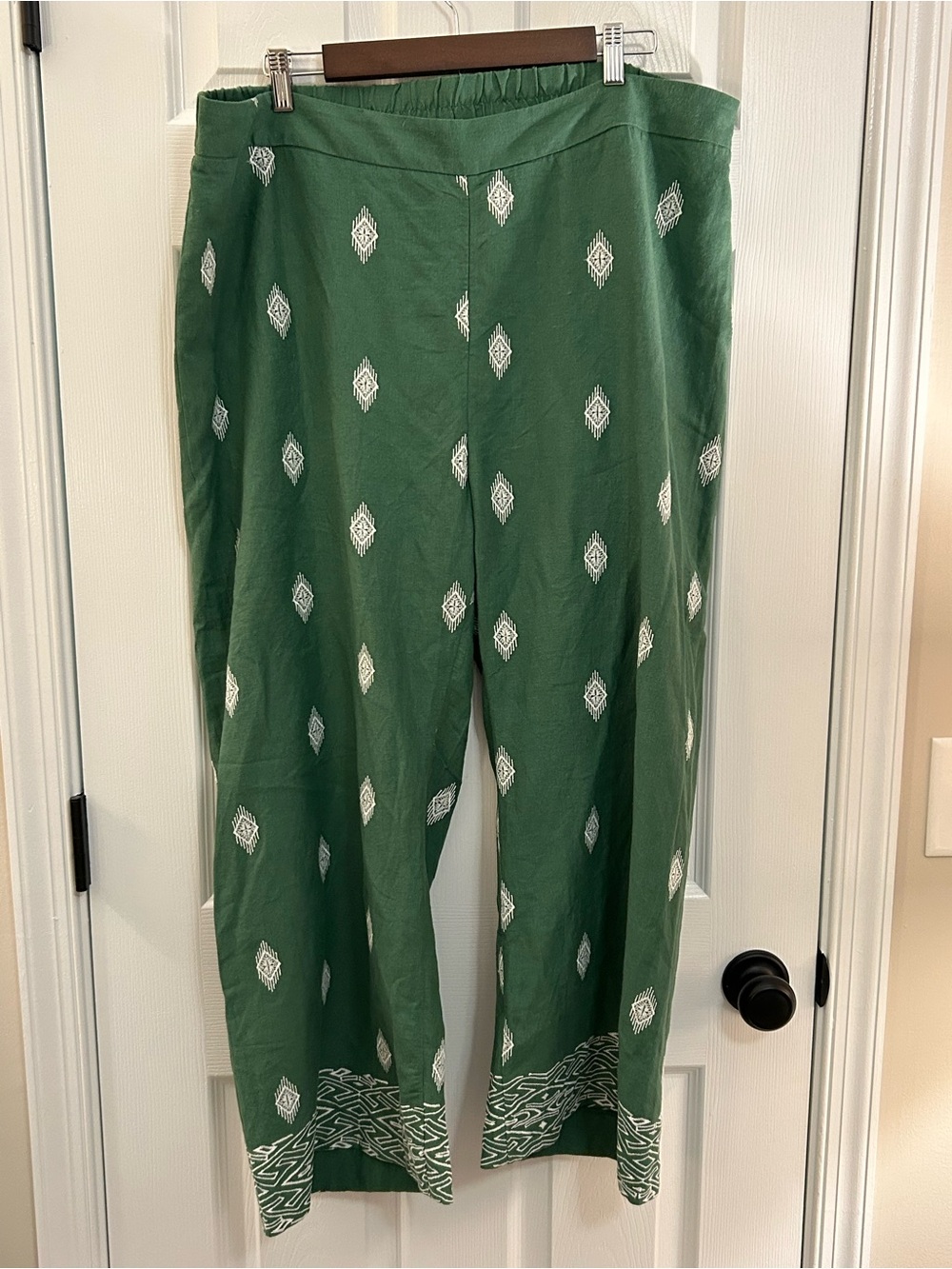 Soft Surroundings PXL Green Embroidered Pull-On Linen Blend Pants Petite XL Boho